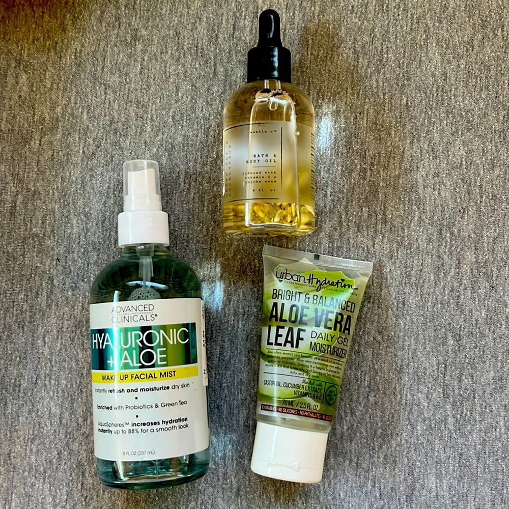 Hyaluronic + Aloe facial mist, aloe Vera daily gel moisturizer, and body oil.